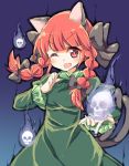  1girl ;d animal_ears bow braid cat_ears cat_tail dress fang hair_bow kaenbyou_rin long_hair looking_at_viewer multiple_tails one_eye_closed open_mouth red_eyes redhead sketch skull smile solo tail touhou twin_braids yukari_yukke 