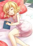  1girl blonde_hair bloomers book chestnut_mouth closed_eyes drill_hair glasses jpeg_artifacts luna_child lying niiya no_hat no_wings off_shoulder on_bed on_side pillow shirt short_hair sleeping sleeveless solo touhou underwear 