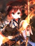  1girl blood bow_(weapon) brown_eyes burning burnt_clothes flame highres injury kaga_(kantai_collection) kantai_collection looking_at_viewer muneate scratches side_ponytail weapon 
