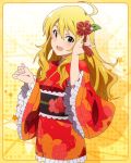  1girl ahoge artist_request blonde_hair blush card_(medium) green_eyes hair_ornament hoshii_miki idolmaster idolmaster_million_live! japanese_clothes kimono long_hair looking_at_viewer official_art open_mouth smile solo source_request 