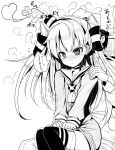  1girl admiral_(kantai_collection) ai_takurou amatsukaze_(kantai_collection) kantai_collection long_hair monochrome sitting sitting_on_person solo_focus tagging_in_progress two_side_up 