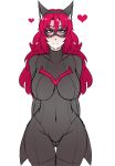  1girl animal_ears bodysuit breasts cat_ears covered_navel heart highres large_breasts long_hair looking_at_viewer mask navel nightmare-doom original redhead smile solo violet_eyes wide_hips 