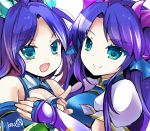  2girls :d bare_shoulders blue_dress blue_eyes blue_gloves blush breasts china_dress chinese_clothes cleavage cleavage_cutout dragon_girl dragon_horns dress dual_persona fang fingerless_gloves gloves head_fins horns karin_(p&amp;d) long_hair multiple_girls open_mouth puffy_short_sleeves puffy_sleeves purple_hair puzzle_&amp;_dragons short_sleeves siukaukau24 smile 