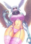  1girl backlighting blue_eyes breasts covered_mouth digimon digimon_frontier face_mask feathered_wings female garter_straps head_wings highres large_breasts maniacpaint mask mechanical_arms midriff monster_girl navel panties pink_legwear pink_panties scarf short_hair shutumon silver_hair skindentation solo thigh-highs underwear wings yellow_skin 
