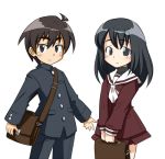  1boy 1girl black_hair brown_hair commentary_request ikune_juugo long_hair school_uniform short_hair simple_background skirt smile white_background 