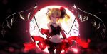  1girl bai_yemeng bat_wings blonde_hair card flandre_scarlet full_moon glowing hat highres moon red_eyes short_hair side_ponytail smile solo touhou wings 