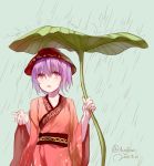  1girl augetsix bowl dated dress green_background japanese_clothes lavender_hair leaf leaf_umbrella long_sleeves looking_up object_on_head open_mouth rain red_dress red_eyes sash short_hair simple_background solo sukuna_shinmyoumaru touhou twitter_username wide_sleeves 