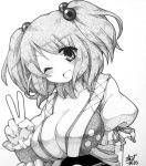  1girl breasts cleavage clown_222 hair_bobbles hair_ornament head_tilt millipen_(medium) monochrome onozuka_komachi open_mouth shikishi short_hair signature smile solo touhou traditional_media twintails v winking 