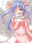  1girl blue_hair blush character_name coat dotera-otoko fangs hair_ribbon i-19_(kantai_collection) kantai_collection long_hair open_mouth red_eyes ribbon solo star star-shaped_pupils symbol-shaped_pupils tri_tails winking winter_clothes winter_coat 