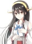  1girl backlighting bare_shoulders black_hair box brown_eyes detached_sleeves gen_(gen_7254) gift gift_box hairband haruna_(kantai_collection) headgear highres kantai_collection light_smile long_hair looking_at_viewer nontraditional_miko ribbon-trimmed_sleeves ribbon_trim simple_background smile solo tears upper_body white_background 