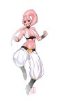  1girl anklet baggy_pants black_sclera boots breasts cat_miyashiro choker clenched_hands dragon_ball dragon_ball_z earrings full_body high_heel_boots high_heels highres jewelry majin_buu midriff pants pink_skin red_eyes sideboob solo 