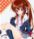  1girl brown_hair little_busters!! long_hair natsume_rin open_clothes ponytail red_eyes ren_(endscape20) school_uniform sitting traditional_media 