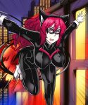  1girl animal_ears bodysuit breasts cat_ears city fang hanging_breasts highres large_breasts long_hair looking_at_viewer mask nightmare-doom open_mouth original redhead smile solo superhero violet_eyes 