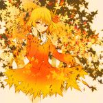  1girl aki_shizuha amber_eyes autumn_leaves blonde_hair hair_ornament ichizen_(o_tori) long_sleeves shirt skirt smile solo touhou 