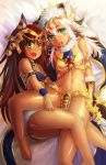  2girls :o animal_ears ankh armlet barefoot bastet_(p&amp;d) blush bracelet brown_hair cat_ears dark_skin egyptian fangs freeze-ex green_eyes jewelry long_hair looking_at_viewer multiple_girls navel open_mouth puzzle_&amp;_dragons small_breasts smile sopdet_(p&amp;d) star white_hair 