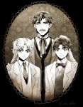  3boys black_hair bowtie dio_brando facial_hair father_and_son formal george_joestar holiday-jin jojo_no_kimyou_na_bouken jonathan_joestar monochrome multiple_boys mustache picture_frame suit sweater_vest younger 
