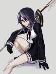  1girl black_gloves cosplay dress eyepatch glaive gloves kantai_collection long_hair long_sleeves mechanical_halo mono2501 purple_hair red_ribbon ribbon sitting solo tatsuta_(kantai_collection) tatsuta_(kantai_collection)_(cosplay) tenryuu_(kantai_collection) yellow_eyes 