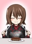  1girl blush brown_hair closed_eyes food girls_und_panzer hamburger_steak ikune_juugo nishizumi_maho short_hair smile solo uniform 