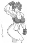  1girl ;) breasts cleavage daikon_(tamagoland) daimon_akiko fingerless_gloves flexing gloves greyscale headband highleg highleg_panties highres large_breasts lips midriff monochrome muscle navel one_eye_closed panties pose short_hair sketch smile solo sports_bra taisen_hot_gimmick taisen_hot_gimmick_4ever toned underwear 