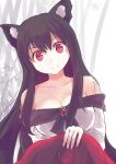  1girl animal_ears bamboo bamboo_forest bare_shoulders black_hair breasts brooch cleavage collarbone culter forest head_tilt imaizumi_kagerou jewelry long_hair long_sleeves nature pink_eyes shirt skirt smile solo touhou very_long_hair werewolf wide_sleeves wolf_ears 