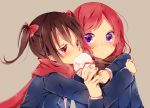  2girls blush eating hug hug_from_behind love_live!_school_idol_project multiple_girls naoton nishikino_maki redhead scarf violet_eyes yazawa_nico 