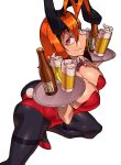  1girl alcohol animal_ears antenna_hair ass beer breasts cleavage large_breasts lol_(harikofu) looking_at_viewer original pantyhose rabbit_ears red_eyes simple_background smile solo tray white_background 