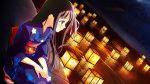  1girl blush game_cg green_eyes highres japanese_clothes kimono landscape lantern long_hair ousaka_nozomi solo yaehara_yuzu yukata 