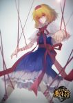  1girl absurdres alice_margatroid blonde_hair blue_dress capelet chromatic_aberration dress expressionless foreshortening frilled_dress frills hairband highres lens_flare looking_at_viewer red_eyes ribbon rotain short_hair simple_background solo tied_up title touhou watermark 