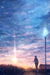  1girl bou_nin braid city clouds cloudy_sky fantasy from_behind grass highres hill horizon lamppost lens_flare light_particles long_hair original path road running scenery shooting_star single_braid sky solo sun sunlight sunset 