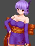  1girl ayane ayane_(doa) bare_shoulders bow breasts cleavage cowboy_shot dead_or_alive detached_sleeves grey_background hand_on_hip headband highres purple_hair raseruta red_eyes short_hair side_slit simple_background solo thigh-highs zettai_ryouiki 