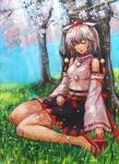  1girl against_tree animal_ears artist_name blue_sky breasts cherry_blossoms cherry_trees closed_eyes full_body geta hat inubashiri_momiji long_sleeves meadow midriff navel oil_painting_(medium) open_mouth outdoors pom_pom_(clothes) ribbon-trimmed_sleeves ribbon_trim short_hair signature sitting skirt sky sleeping solo tafuto tengu-geta tokin_hat touhou traditional_media tree wariza white_hair wolf_ears 