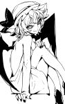  1girl alternate_costume back backless_outfit bat_wings bow crossed_legs fingernails from_side hand_on_own_knee hat hat_bow high_heels legs looking_at_viewer monochrome remilia_scarlet sharp_fingernails short_hair sitting sketch slit_pupils solo thupoppo touhou wings 