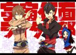  1girl 2boys belt black_hair brown_eyes brown_hair charlie_(earlychang) female joujima_yuuki kamen_rider kamen_rider_fourze_(series) kill_la_kill kisaragi_gentarou long_hair male multiple_boys open_mouth parody pose sakuta_ryuusei school_uniform short_hair style_parody 