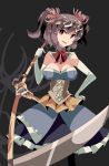  1girl adapted_costume black_background brown_hair elbow_gloves flower gloves hair_flower hair_ornament hand_on_hip onozuka_komachi red_eyes scythe solo steampunk touhou twintails yoshinaga_p 