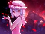  1girl alternate_costume bat_wings blue_hair bow colored hat hat_bow mob_cap nunucco open_mouth petals red_eyes remilia_scarlet ribbon short_hair sketch sleeveless smile solo touhou wings 