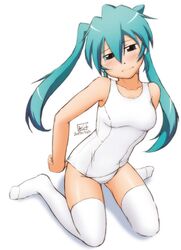  1girl green_eyes green_hair hatsune_miku kit_(studio) kneeling long_hair school_swimsuit swimsuit thigh-highs twintails vocaloid white_school_swimsuit white_swimsuit 