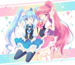  1girl 2girls ;d aino_megumi blue_eyes blue_hair blue_legwear blue_skirt blush crown cure_lovely cure_princess happinesscharge_precure! hasekura_chiaki heart long_hair looking_at_viewer magical_girl multiple_girls one_eye_closed open_mouth pink_hair pink_skirt ponytail precure shirayuki_hime skirt smile thigh-highs twintails white_legwear 