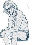  1boy character_name el_shaddai elbows_on_knees enoch glasses hands_together long_hair looking_at_viewer monochrome muscle shorts sitting sketch solo thupoppo topless white_background 