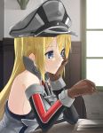  1girl bare_shoulders bismarck_(kantai_collection) blonde_hair blue_eyes breasts brown_gloves desk detached_sleeves gloves hand_on_own_cheek hat highres kantai_collection long_hair max_melon_teitoku military military_uniform paper peaked_cap sideboob solo uniform window 