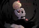  1girl belt black_background blonde_hair bow chain dark darkness fangs geppewi gradient gradient_background hair_bow hair_ornament long_sleeves looking_at_viewer looking_down open_mouth rumia shirt short_hair simple_background skirt skirt_set smile solo touhou vest 
