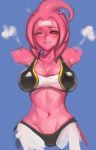  1girl black_sclera blush breasts cleavage cropped_arms cropped_legs dragon_ball dragon_ball_z evan_yang genderswap halter_top halterneck large_breasts majin_buu midriff one_eye_closed pink_skin red_eyes solo steam 