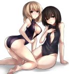  2girls bare_shoulders barefoot blonde_hair blush bow breasts brown_eyes brown_hair cleavage_cutout competition_swimsuit front_zipper_swimsuit hair_bow hair_ornament janne_cherry kneeling looking_at_viewer looking_back maribel_hearn multiple_girls no_hat one-piece_swimsuit short_hair simple_background sitting swimsuit touhou usami_renko white_background yellow_eyes zipper 