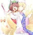 2girls animal_ears blonde_hair blush bow brown_hair cat_ears chen closed_eyes colored dress fang fox_ears fox_tail hair_brush hat japa long_sleeves looking_at_another mob_cap multiple_girls multiple_tails open_mouth ribbon shirt short_hair simple_background sketch skirt skirt_set smile tabard tail tail_ribbon touhou vest white_background white_dress wide_sleeves yakumo_ran 