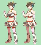  1girl animal_ears bare_shoulders bell bell_collar belt blush boots breasts brown_eyes brown_hair cleavage collar cow_bell cow_ears cow_horns cow_print detached_sleeves ebinera headset highres horns idolmaster idolmaster_cinderella_girls large_breasts midriff navel oikawa_shizuku short_hair shorts sketch solo 