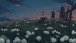  1girl blowing dandelion flower kuryuu_kohaku noconol sitting sky star_(sky) starry_sky 