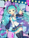  1girl aqua_eyes aqua_hair detached_sleeves erjung hatsune_miku headset long_hair necktie open_mouth outstretched_arm skirt solo thigh-highs twintails very_long_hair vocaloid 