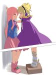  2girls blonde_hair box cape cato_(monocatienus) earmuffs eye_contact face-to-face hata_no_kokoro long_hair looking_at_another multiple_girls open_mouth pink_eyes pink_hair pointy_hair shirt size_difference skirt smile standing_on_object tiptoes touhou toyosatomimi_no_miko trembling very_long_hair yellow_eyes 