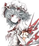  1girl ascot dress hat hat_ribbon mob_cap puffy_short_sleeves puffy_sleeves red_eyes red_fingernails remilia_scarlet ribbon short_sleeves silver_hair solo touhou upper_body white_dress yutapon 