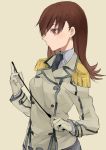  1girl brown_hair gloves hita_(hitapita) kantai_collection katori_(kantai_collection) katori_(kantai_collection)_(cosplay) long_hair ooi_(kantai_collection) pointer uniform violet_eyes 