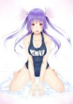  1girl bangs blush breasts cleavage hair_ribbon i-19_(kantai_collection) kantai_collection large_breasts long_hair looking_at_viewer name_tag nekomanma_(chipstar182) one-piece_swimsuit open_mouth purple_hair red_eyes ribbon school_swimsuit sitting sleeveless solo swimsuit tri_tails twintails wariza water wet 
